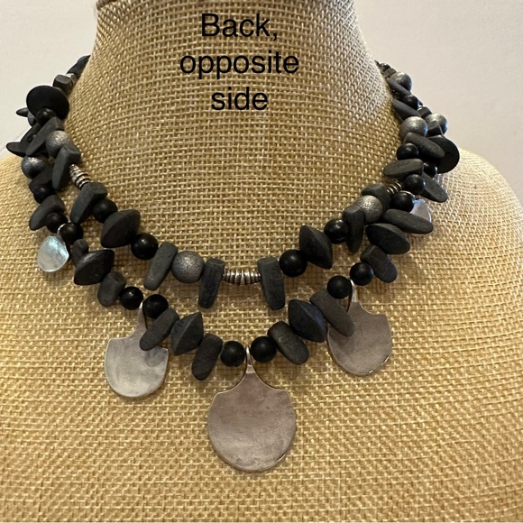 Chico's Statement Necklace double strand black and silver tone beaded w/ charms - Picture 7 of 10